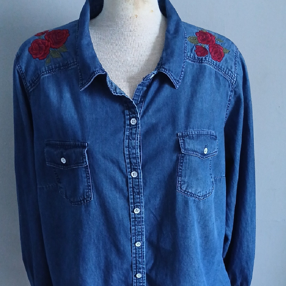 Denim Shirt with Red Rose Embroidery